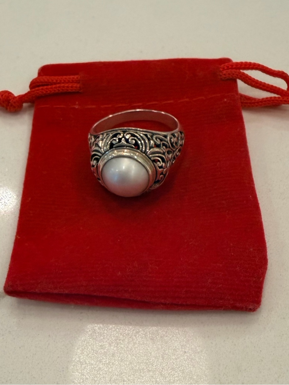 Sterling Silver Statement Ring with Faux Pearl